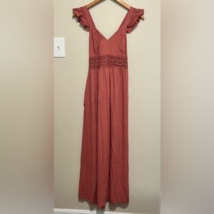 Ruffled Sleeve Maxi Dress in Rust Red